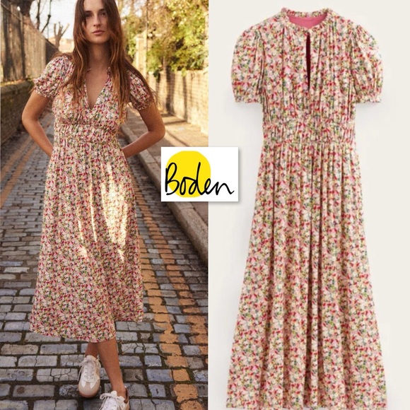 NWT BODEN Floral Ruched Jersey Midi Dress Multi Painterly Floret Puff Sleeve 16 - Picture 2 of 16